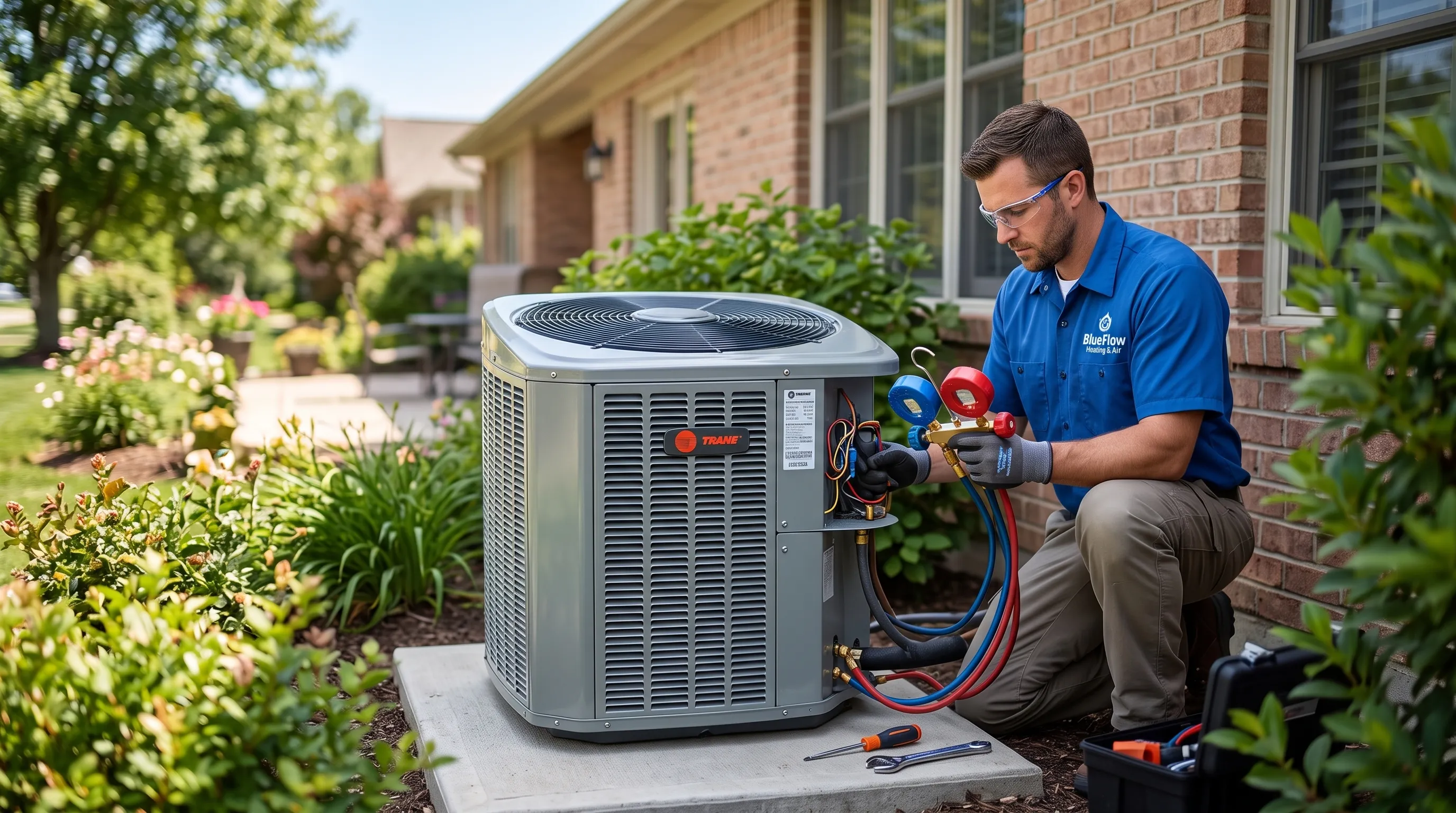 HVAC technician servicing an outdoor condenser unit